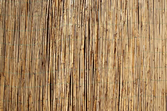 Eine Wand aus dünnen Holzstäben.